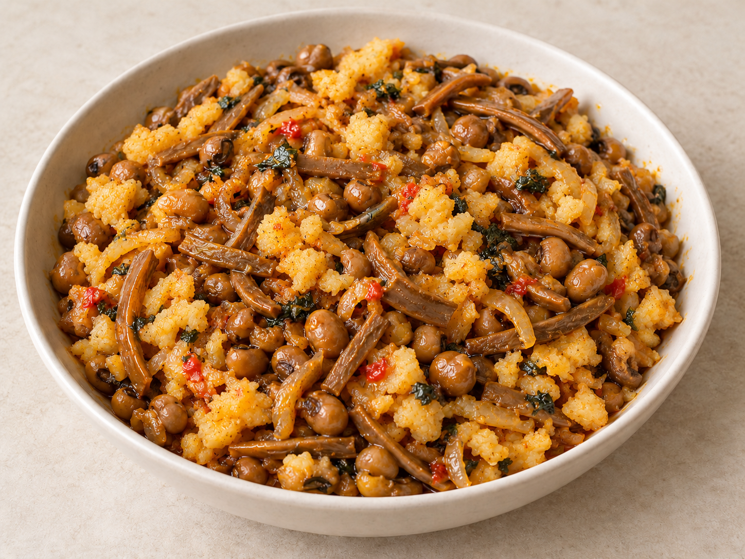 Achicha Ede with pigeon peas, irregular cocoyam flakes, ugba strips and palm oil