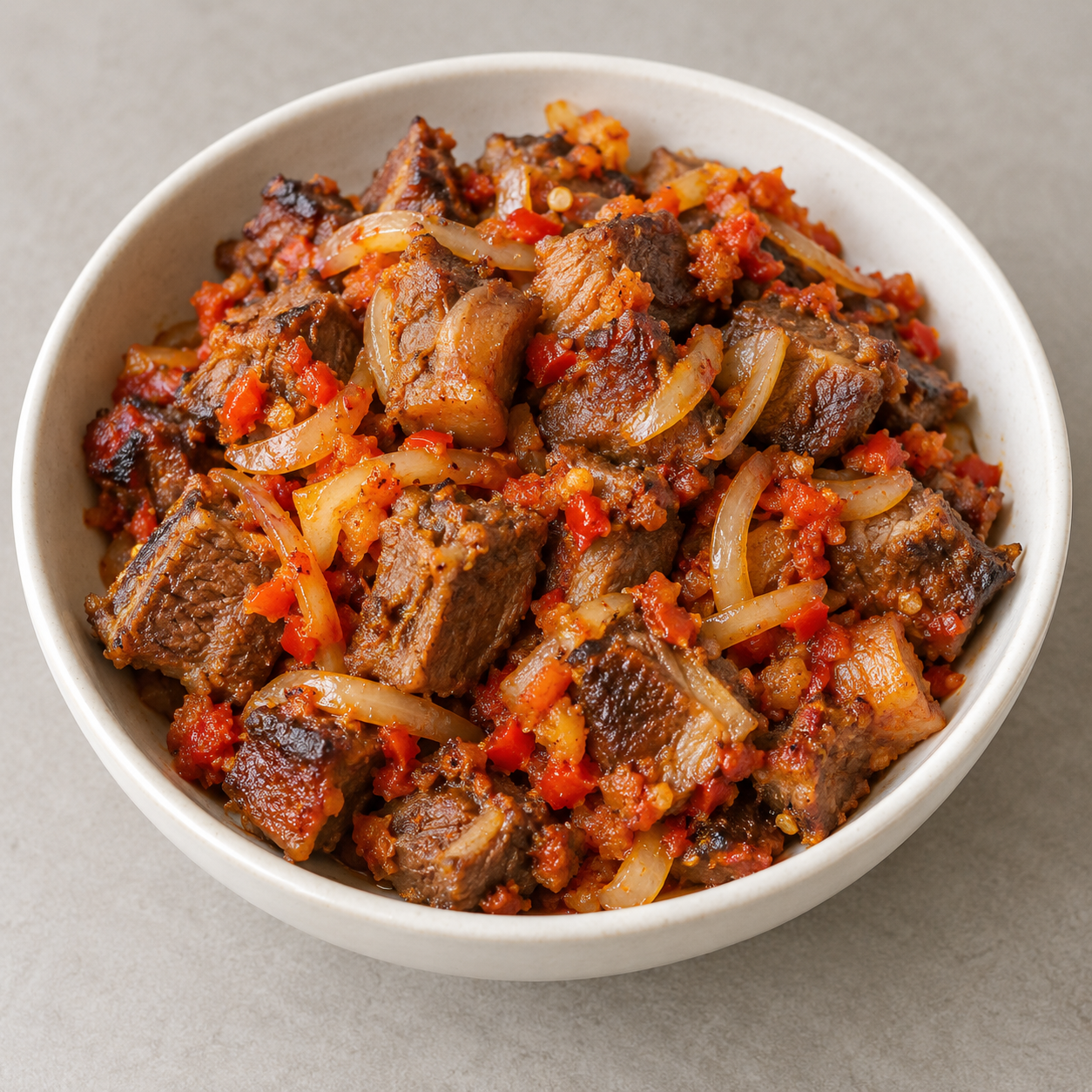 Asun, browned goat pieces with a coarse cooked pepper coating and softened onion slices in a plain bowl.