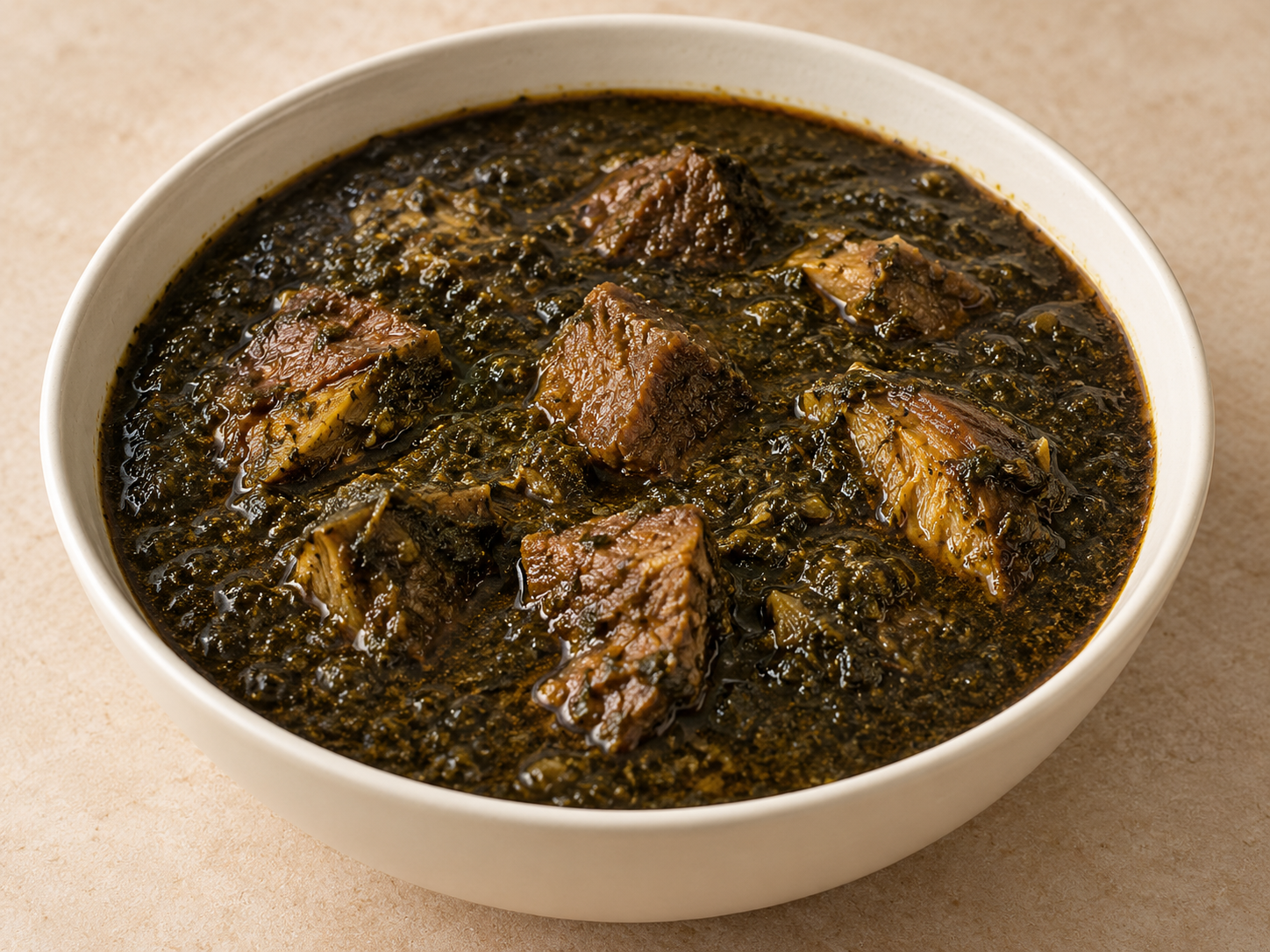 Edo black soup with a dark green-brown ground-leaf base, beef and smoked fish
