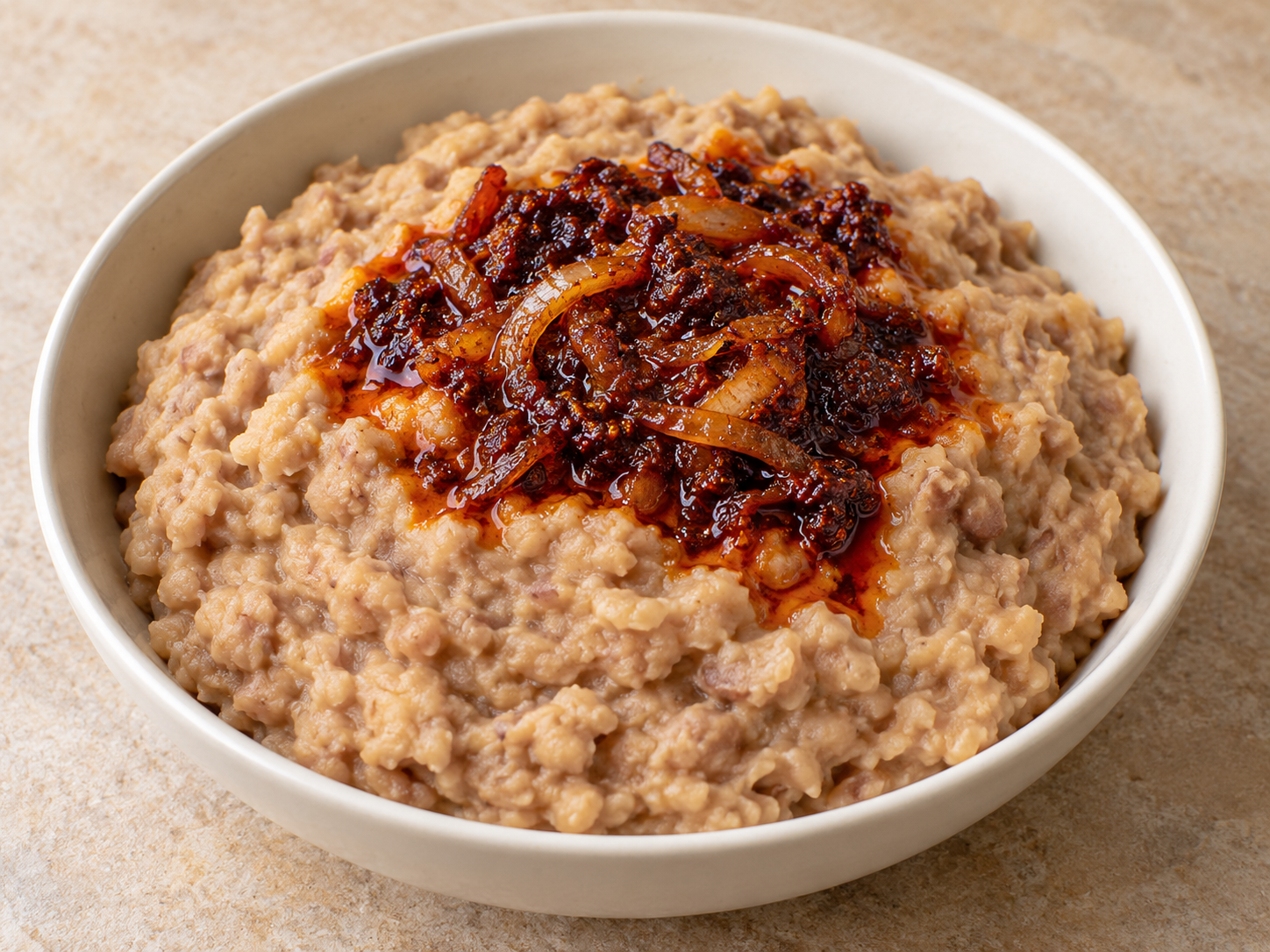 Creamy mashed ewa agoyin beans with dark fried pepper-and-onion sauce