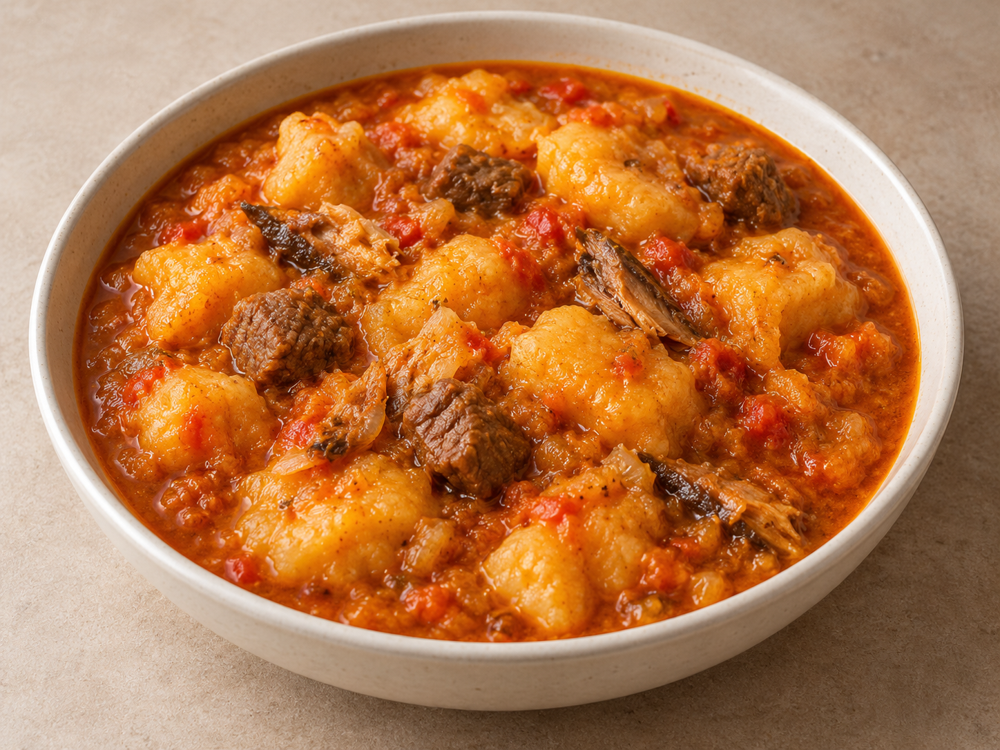 Ikokore with irregular water-yam dumplings, beef and smoked fish in orange-red palm-oil pottage