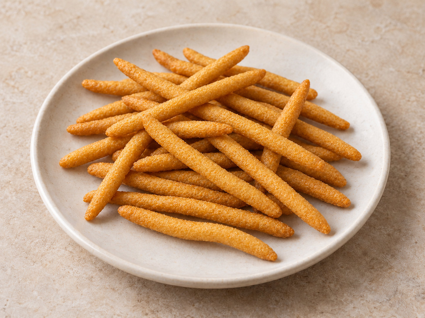 Slender golden hand-rolled kokoro maize snack sticks