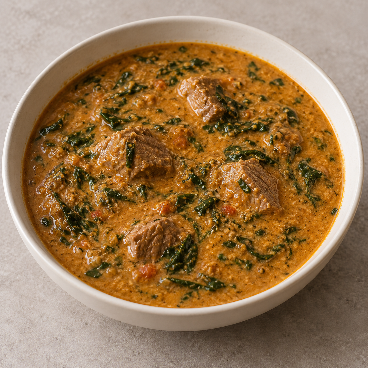 Miyan Gyada, an orange-tan beef and groundnut soup with cooked spinach in a plain bowl.