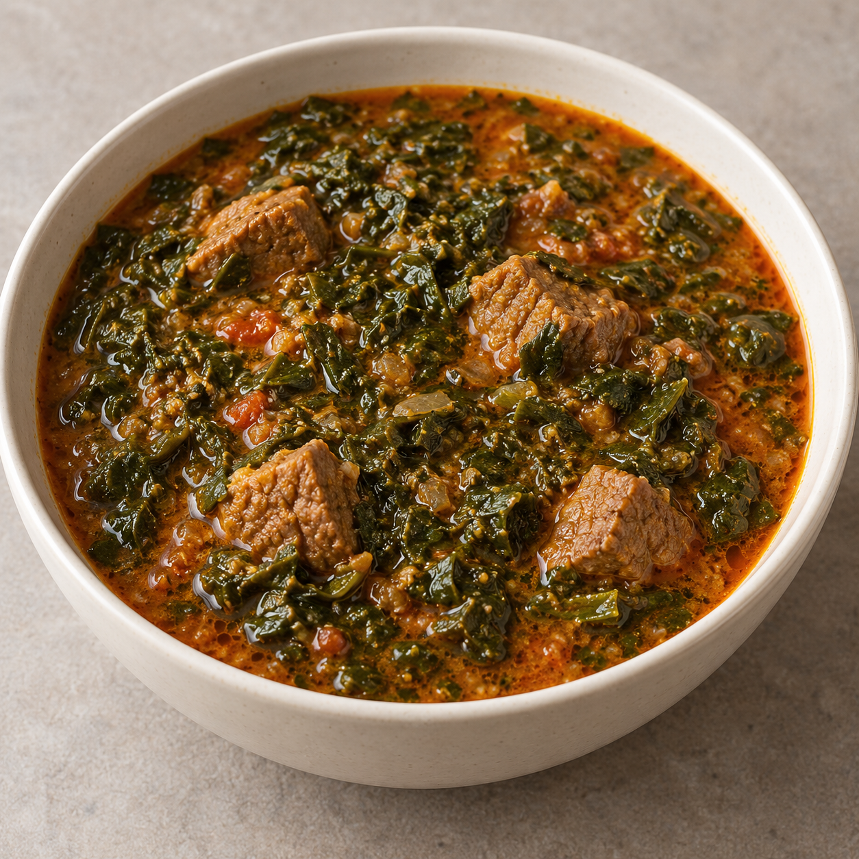 Miyan Zogale, a leaf-rich beef and moringa soup with tomato and groundnuts in a plain bowl.