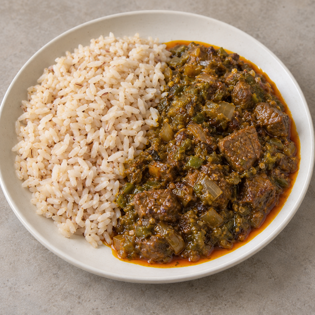 Pale Ofada rice beside olive-brown green-pepper beef ayamase with an orange-red unbleached palm-oil tint.