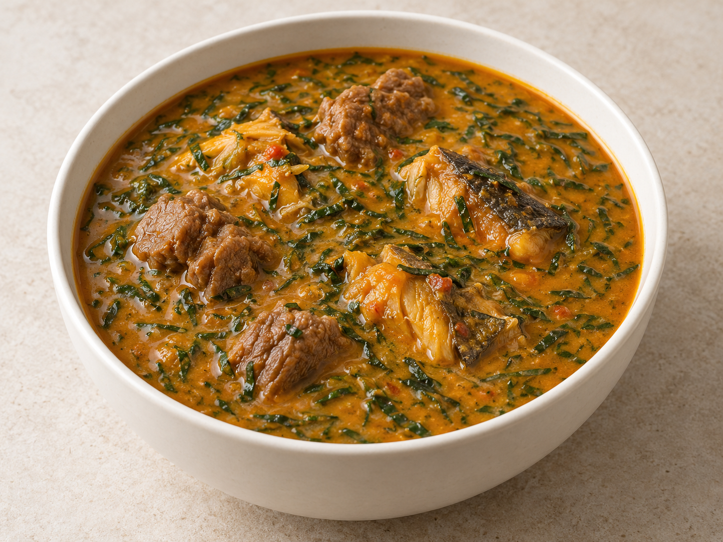 Achi-thickened ofe okazi with fine leaf strips, beef and smoked fish