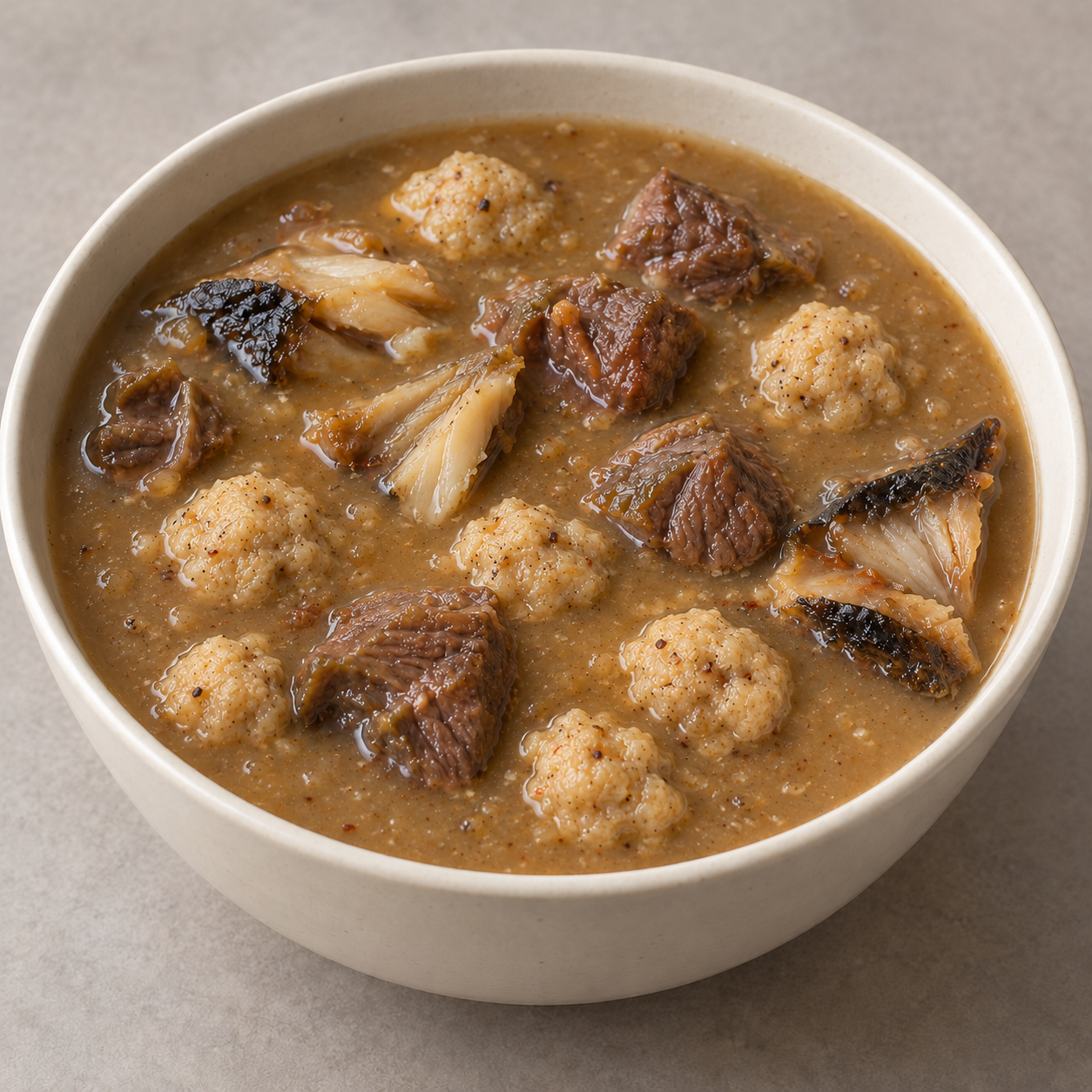 Light-brown Okoho soup with beef cubes, deboned smoked fish pieces and rounded egusi dumplings.