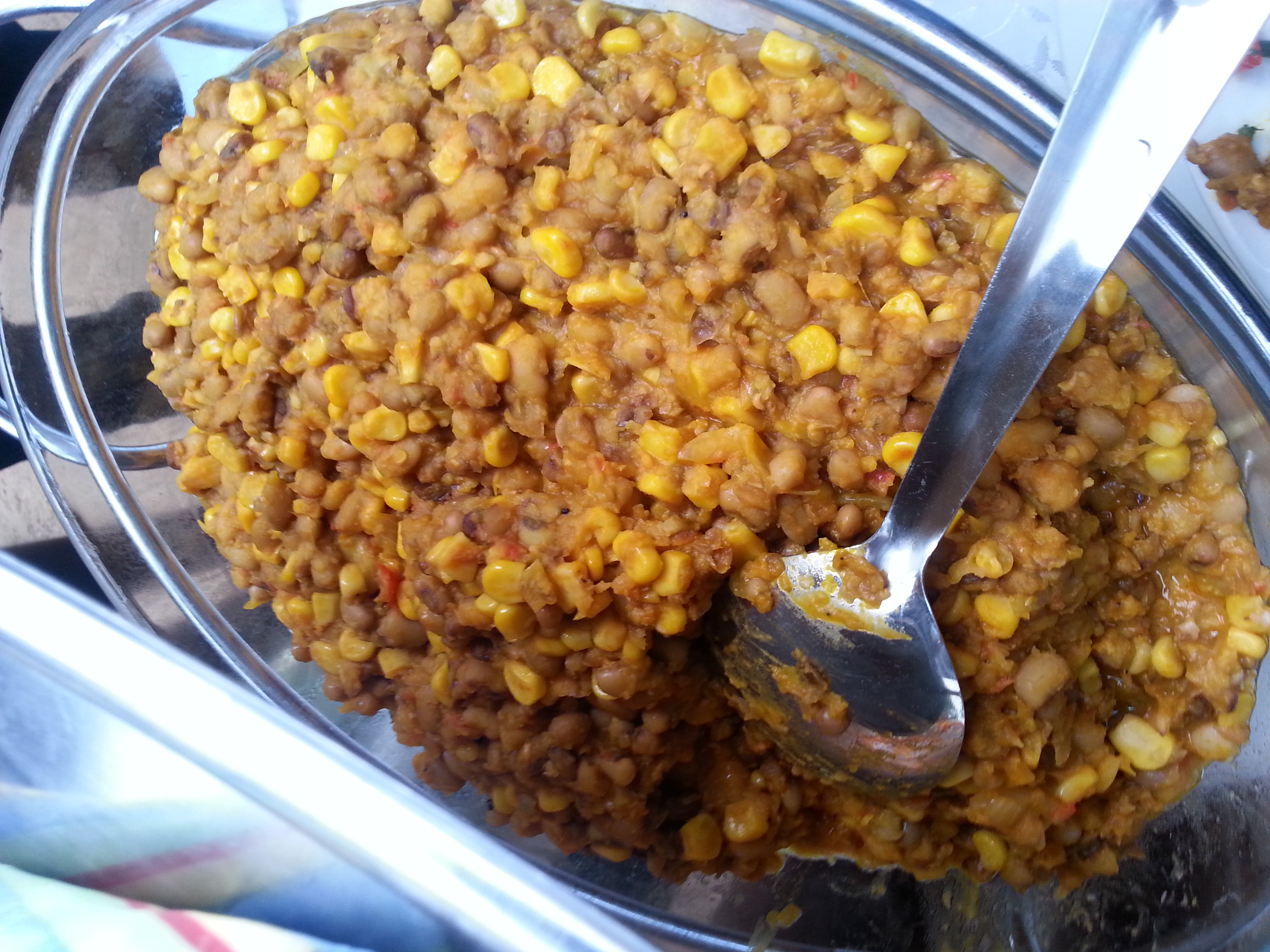 Adalu beans-and-corn pottage in a serving dish