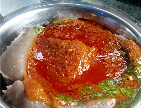 Amala served with red stew and green soup