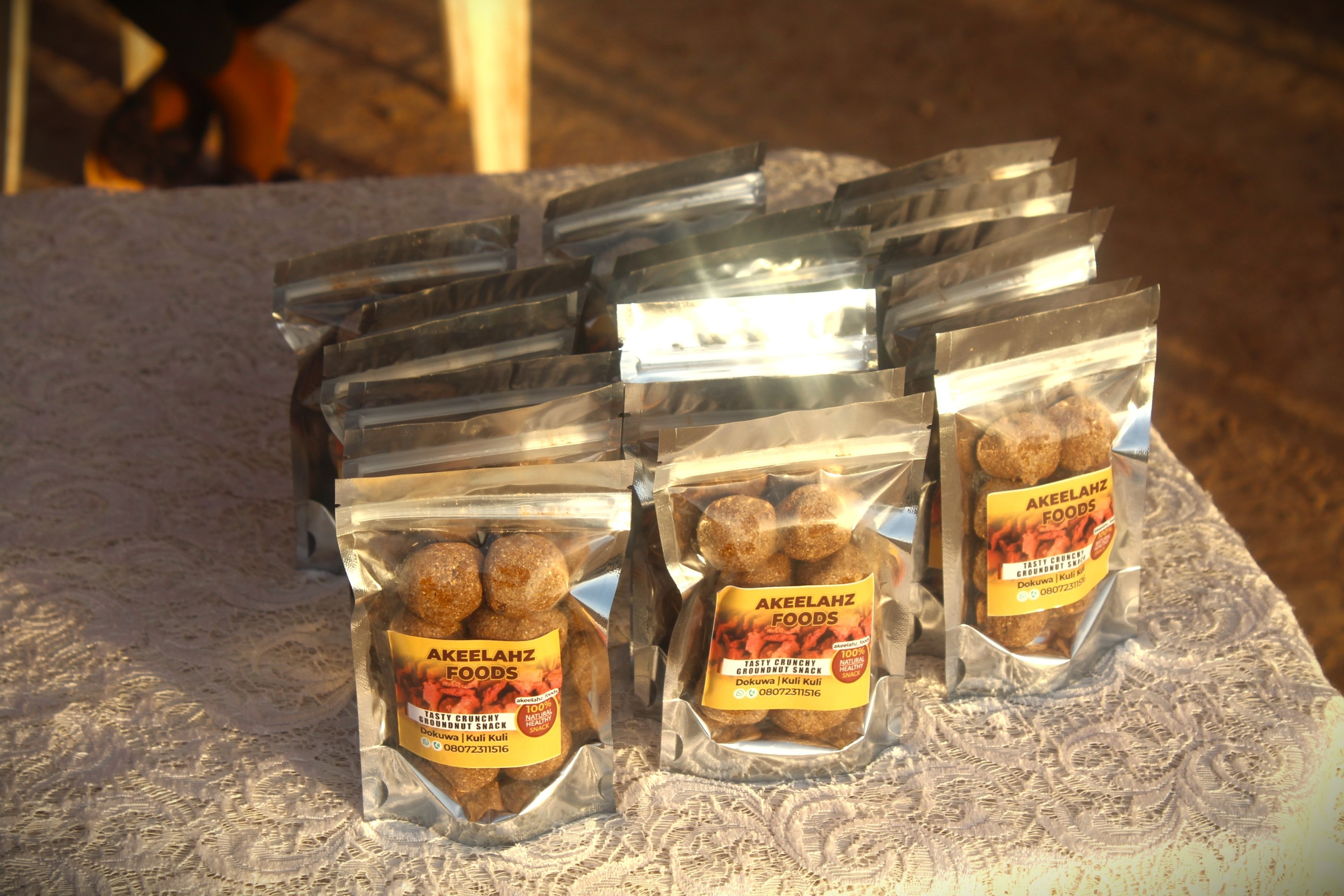 Packaged donkwa balls at a food display
