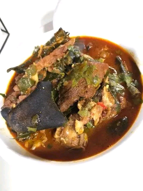 Oha soup with cooked leaves and assorted meat or fish